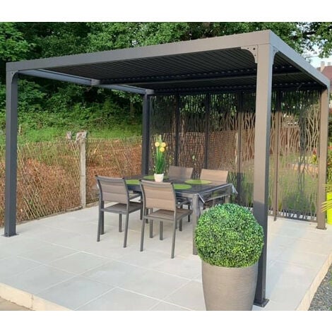 Pergola bioclimatique Habrita Foresta PER 36M30 BI aluminium 10,8m2 avec 5 panneaux moucharabieh gris pour côté 3,60m