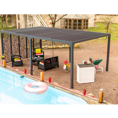 Habrita – Pergola bioclimatique aluminium 21,52m2 – 5 panneaux moucharabieh gris – Largeur 3,60m – Design moderne et résistant aux intempéries (1/5)