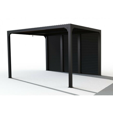 Habrita – Pergola bioclimatique aluminium gris anthracite – Ventelles latérales imitation bois – Surface 10,80 m² – Lames orientables manuelles – Dimensions L 360 x L 300 x H 231 cm (1/5)