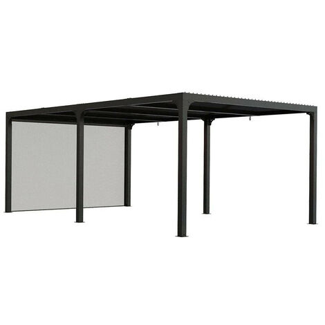 Habrita – Pergola bioclimatique aluminium 21,52 m² – Lames orientables 90° – Rideau manuel PVC 430 gr/m² – Structure gris anthracite – Dimensions L 360 x L 598 x H 235 cm