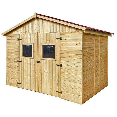 Habrita – Abri de jardin en bois épicéa 16mm – Surface utile 5,41m² – Toit étanche en plaques ondulées – Montage facile avec panneaux pré-montés