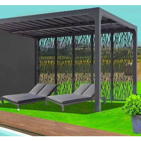 Pergola bioclimatique Habrita Foresta PER36M30R BI alu 10,80m2 gris avec panneaux moucharabieh pour côté 3,60m et rideau manuel pour côté 3m