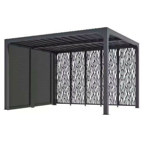 Pergola bioclimatique PER 36M30V BI Habrita Foresta alu 10,8m2 gris avec panneaux moucharabieh côté 3,60m et ventelles latérales mobiles côté 3m