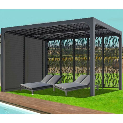 Pergola bioclimatique PER 36M30V BI Habrita Foresta alu 10,8m2 gris avec panneaux moucharabieh côté 3,60m et ventelles latérales mobiles côté 3m