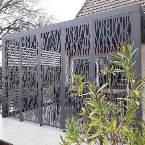 Pergola bioclimatique PER 36M30V BI Habrita Foresta alu 10,8m2 gris avec panneaux moucharabieh côté 3,60m et ventelles latérales mobiles côté 3m