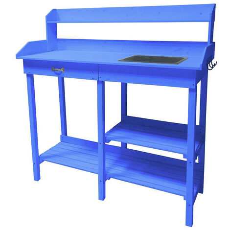 Table multiusages lasurée Habrita Foresta TAB 1105 couleur bleue utilisable en table rempotage ou table cuisine 117x45x121cm