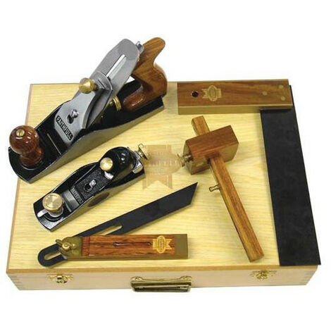 Faithfull – Coffret de 5 rabots à main en métal – Pour travaux de menuiserie – Lame acier – Équerre et trusquin inclus