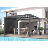 Habrita – Pergola bioclimatique aluminium 10,80m2 – Lames orientables 90° – Rideau latéral gris 3m – Capacité 8 personnes – Structure autoportante