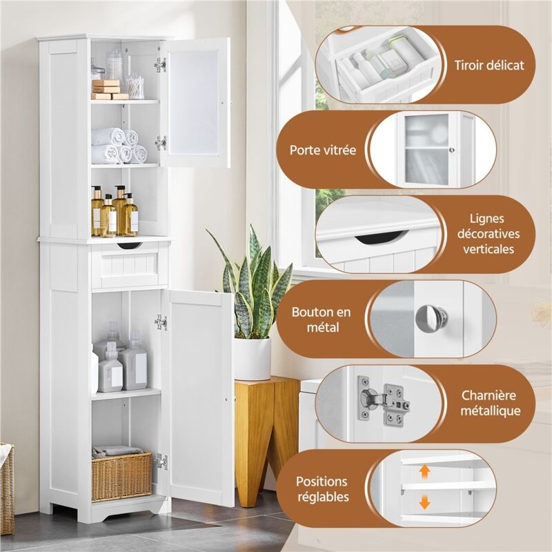 Armoire De Salle De Bain Blanche Étagères Réglables - Colonne De Rangement 170x40x30 Cm Avec Portes Et Compartiments
