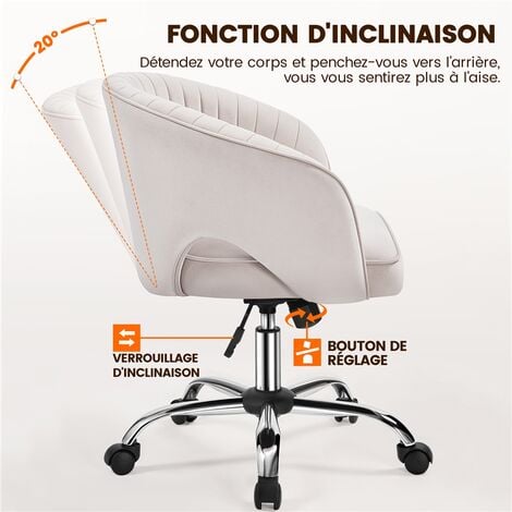 Yaheetech Fauteuil de Bureau en Velours avec Dossier Capitonné Arrondi Pivotant à Roulettes Assise Réglable en Hauteur pour Chambre Bibliothèque Salon Crème