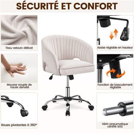 Yaheetech Fauteuil de Bureau en Velours avec Dossier Capitonné Arrondi Pivotant à Roulettes Assise Réglable en Hauteur pour Chambre Bibliothèque Salon Crème