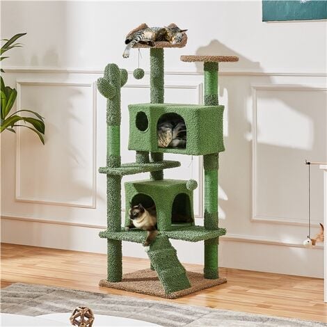 Yaheetech Arbre à Chat Design Cactus Tour pour Chat Multiniveau avec Poteaux en Sisal Cachettes Perchoirs Rampe Jouets Maison pour Petits/Moyens Chats 138 cm de Haut Vert et Brun