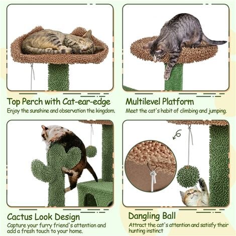 Yaheetech Arbre à Chat Design Cactus Tour pour Chat Multiniveau avec Poteaux en Sisal Cachettes Perchoirs Rampe Jouets Maison pour Petits/Moyens Chats 138 cm de Haut Vert et Brun