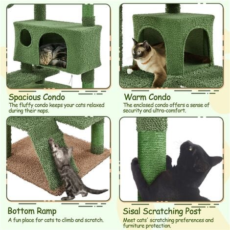 Yaheetech Arbre à Chat Design Cactus Tour pour Chat Multiniveau avec Poteaux en Sisal Cachettes Perchoirs Rampe Jouets Maison pour Petits/Moyens Chats 138 cm de Haut Vert et Brun