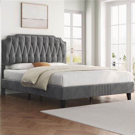 Yaheetech – Lit double capitonné réglable en hauteur 140x200 cm – Cadre en bois avec pieds en bois massif et métal – Sommier à lattes gris foncé
