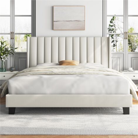 Yaheetech Lit Double Rembourré avec Sommier à Lattes, Cadre de Lit Moderne pour Adultes 2 Personnes, Tête de Lit à Rayures, Lit en Bois et Métal, Beige,160x200 cm