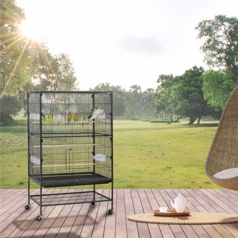 Yaheetech Grande Volière Cage Oiseaux sur roulettes Canaries Perroquet Perruches Cacatoès Ara 2 Étages avec Support 79 x 52 x 132 cm
