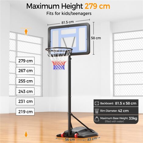 Yaheetech Panier de Basket Ball sur Pied Portable Hauteur Réglable 219-279 cm 6 Niveaux à Roulettes