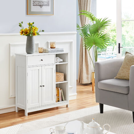 Yaheetech – Armoire de rangement salle de bain 75x30x80 cm – MDF blanc résistant à l'eau – 2 étagères réglables, 1 tiroir, 3 compartiments