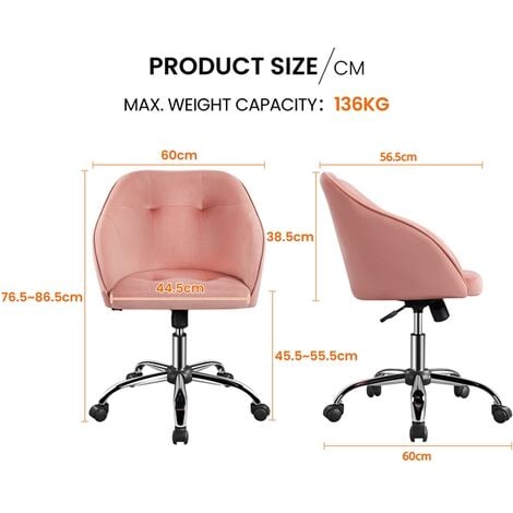 Yaheetech Chaise de bureau pivotante à 360° en velours avec hauteur d'assise réglable pour la maison/le bureau Rose