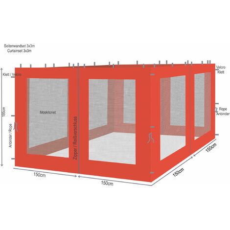 4 panneaux latéraux avec moustiquaire 300x195cm orange-rouge pour gazebo  3x3m