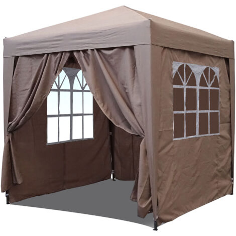 Quick-Star – Pavillon pop-up 2,5 x 2,5 m brun beige – 4 murs latéraux Easy-Klett avec 2 fenêtres et 2 entrées zippées – Structure en acier – Montage rapide (1/5)