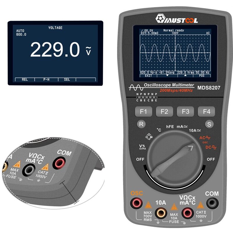 Mustool Intelligent Mds8207 Scopemeter de almacenamiento digital mejorado 2 en 1 Digital 40 Mhz 200 Mps / S One-Touch Auto Oscilloscope Osc 6000 Metros Multímetro Rms Verdadero Dmm Probador de voltaje de corriente Ac / Dc Dmm Hasaki