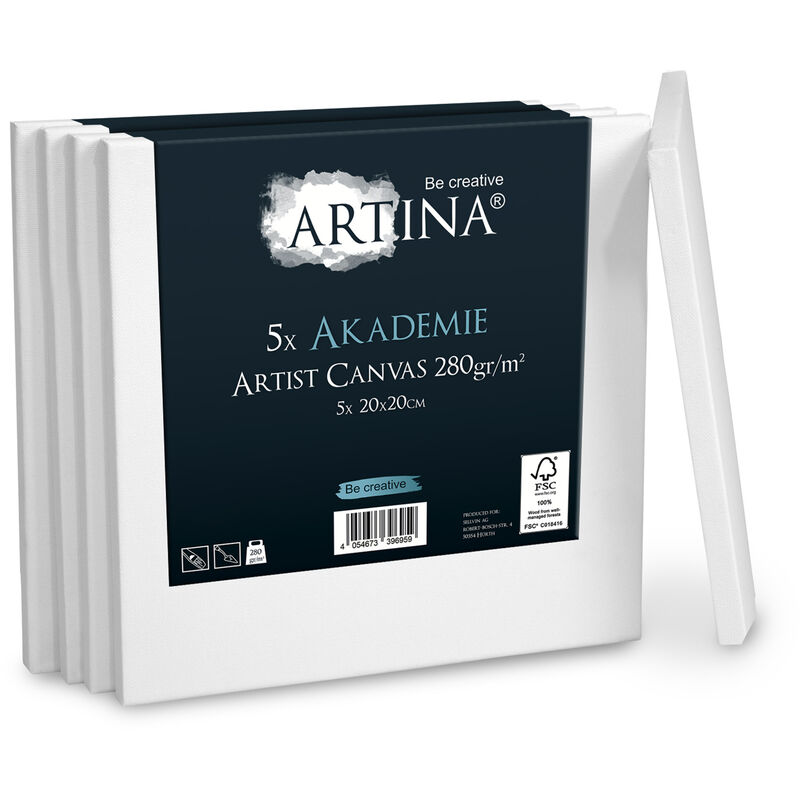 Artina Set de 5 lienzos Blancos Akademie con certificación FSC® - 100% algodón Lienzo y Bastidor Blancos 280g/m²	20x20x1.7 cm