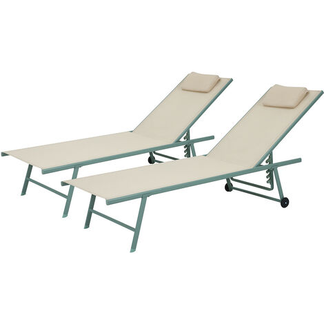 Lot de 2 transats inclinables et empilables - Vert Beige - SUNNY