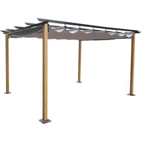 Tonnelle/Pergola en aluminium 3x4m toile coulissante rétractable - bois et gris - HAWAI - 2
