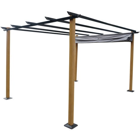 Tonnelle/Pergola en aluminium 3x4m toile coulissante rétractable - bois et gris - HAWAI - 3