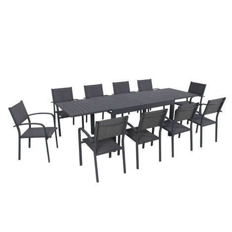 Table de jardin extensible aluminium noir 200/300cm + 10 fauteuils