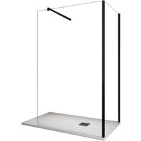 Pared de ducha angular walk-in de 200 cm de altura, vidrio transparente de 8 mm, marco negro con accesorios - 75X100 reversible