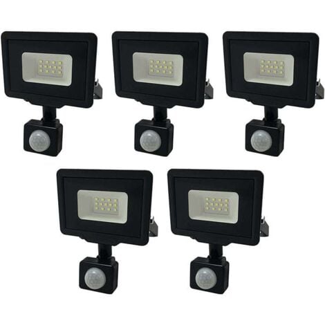 Set di 5 Proiettori LED Neri 10W con Sensore IP65 800lm - Bianco Naturale  4500K