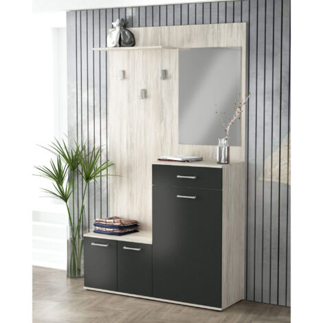 Mobile ingresso con cappelliera specchio ganci appendiabiti e ante contenitive di colore Rovere chiaro e Bianco mod. Smeraldo