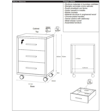 Cassettiera con ruote 3 cassetti h 71 cm colore cemento e bianco