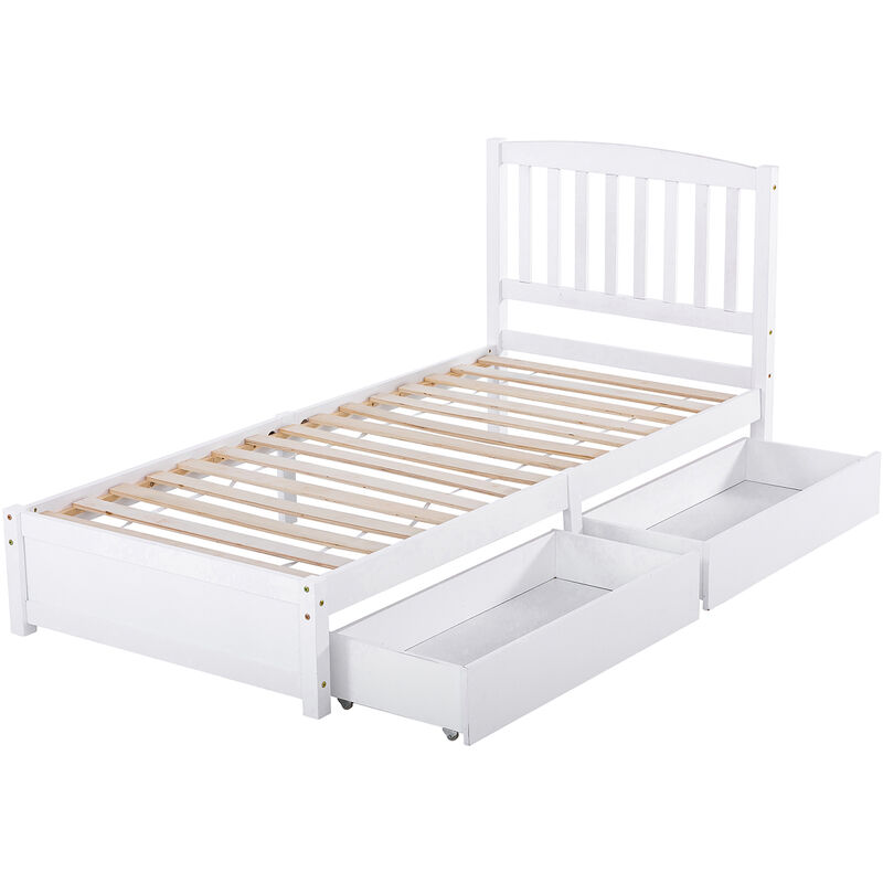 Marco de cama de 90 x 200 cm, cama individual de madera maciza de pino,  incluye 2 cajones, cabecero y somier, cama de invitados, color blanco :  : Hogar y cocina