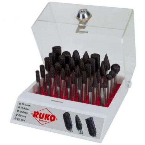 RUKO 116008TC SURTIDO DE 35 FRESAS DE METAL DURO TICN CON VÁSTAGO DE 6 MM EN VITRINA DE PLÁSTICO