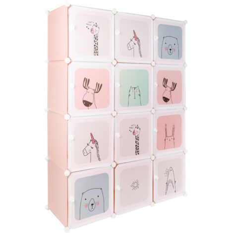 Armoire Chambre d'enfant modulable Motifs ludiques Plastique  Étagère de Rangement pour la Maison 12 Cubes Armoire DIY Portes rose (1/5)