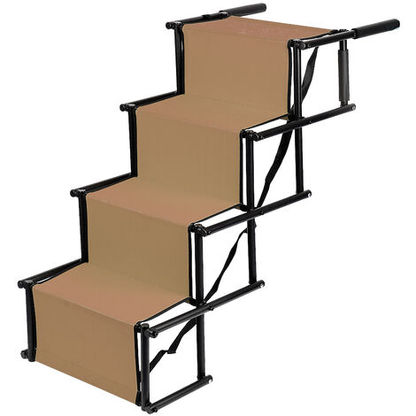 Escalier pliable pour chiens à hauteur réglable acier inoxydable + tissu Oxford brun (1/5)