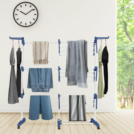 Étendoir Linge Intérieur sur 3 Niveau Séchoir à Linge Extensible Pliable avec 6 Roues de Frein de Stationnement à 360° Grand Capacité 75-142.5x170x64×cm