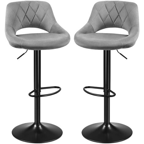 Lot de 2 Tabouret de Bar en Velours hauteur réglable chaise de cuisine pivotante avec dossier et repose-pieds gris clair (1/5)
