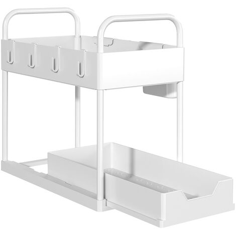Rangement Sous Evier coulissant en métal Tiroir de rangement à 2 étages pour cuisine et salle de bain Blanc