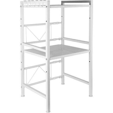 Support de Four à Micro-Ondes Extensible Organisateur Cuisine Double Étagère Rangement avec 3 Crochets 40-64x36.5x78cm Blanc