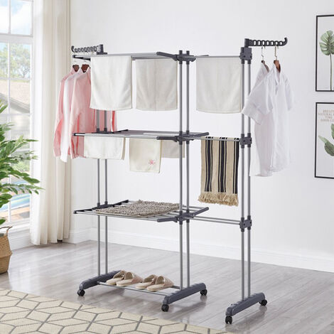Yongqing – Étendoir à linge extensible 3 niveaux – Capacité 30 kg – Dimensions 75 à 142.5 cm x 64 cm x 170 cm – 6 roulettes avec frein à 360°
