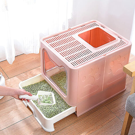 Bac à litière pliable pour chat WC pour Chats Entrée avant (avec panneau de porte) et sortie supérieure-(rose 51×41×38 cm) (1/5)