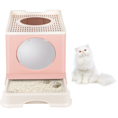 Yongqing – Bac à litière pliable pour chat – Entrée avant et sortie supérieure – Très grand espace – Bac de tiroir extractible et pelle à litière rose – PP