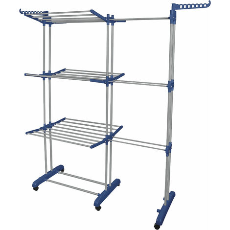 Étendoir Linge Intérieur sur 3 Niveau avec 6 Ailes Pliables 75-142.5×64×170cm bleu + gris