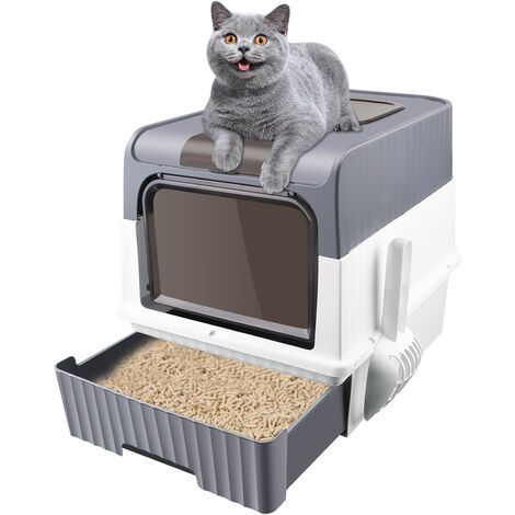 Yongqing – Bac à litière fermé pour chat – Anti-odeur – Dimensions 35 x 49 x 37 cm – Matériau plastique PP – Nettoyage facile et rapide - 37cm-gris