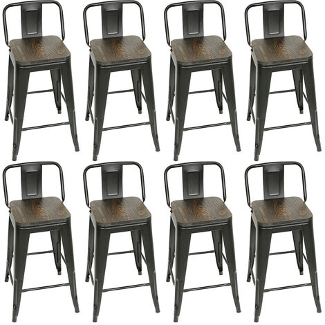 Lot de 8 Tabouret de Bar Metal Assise avec Dossier et siège en Bois Hauteur 63 5cm (1/5)
